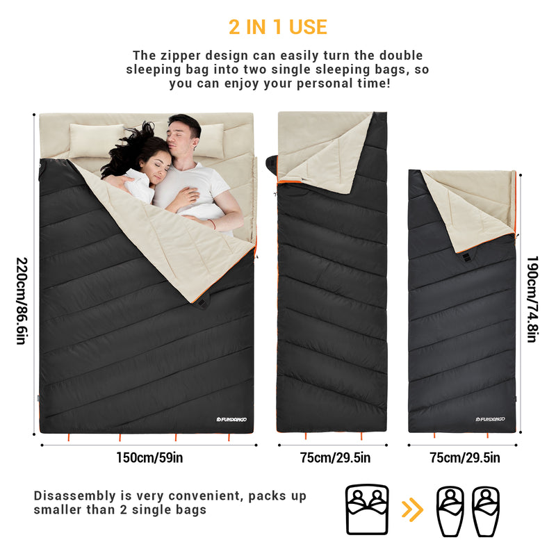 Load image into Gallery viewer, FUNDANGO 3-in-1 XL Queen Double Sleeping Bag with 2 Pillows
