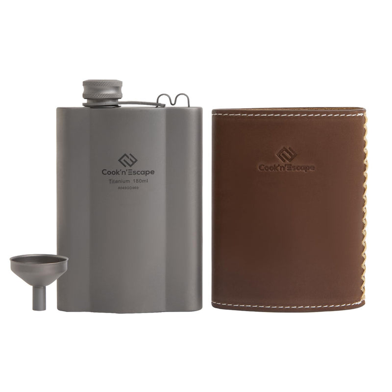 Load image into Gallery viewer, Cook&#39;n&#39;Escape Titanium Spirit Flask 180 ml ( With Leather Case )
