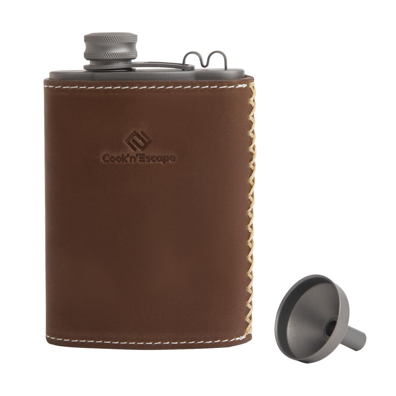 Load image into Gallery viewer, Cook&#39;n&#39;Escape Titanium Spirit Flask 180 ml ( With Leather Case )
