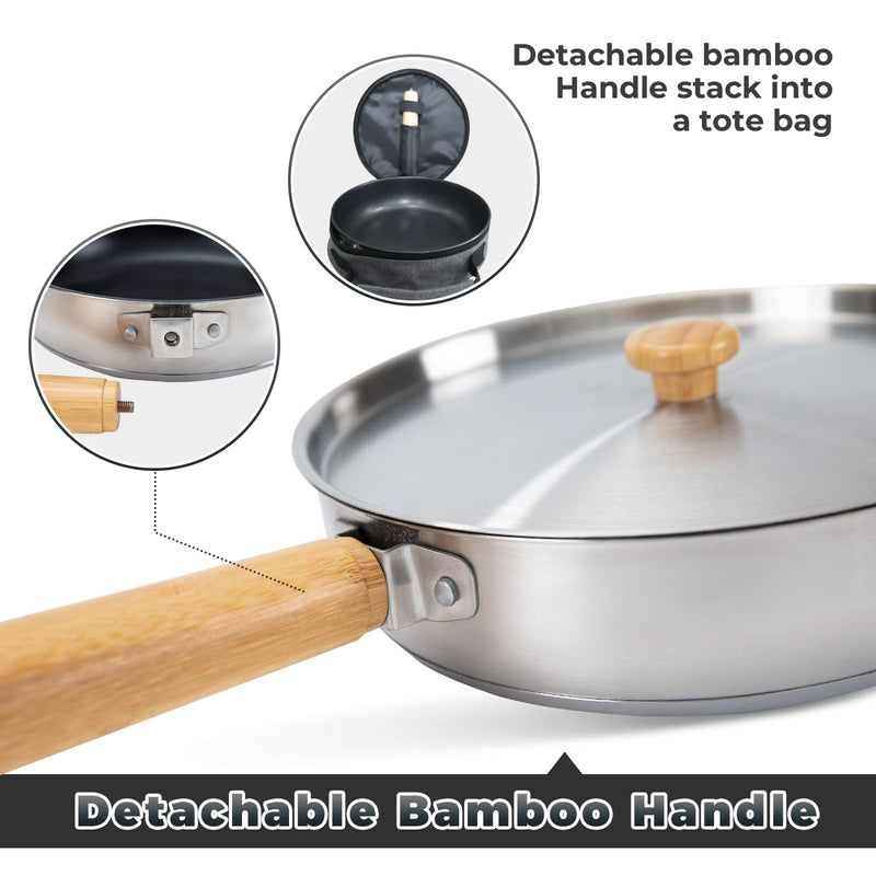 Load image into Gallery viewer, KingCamp 8&quot; Stainless Steel Frying Pan with Detachable Bamboo Handle
