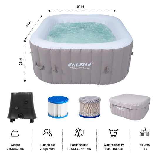 WEJOY Inflatable 2-4 Person Square Hot Tub Spa with 120 Bubble Jets