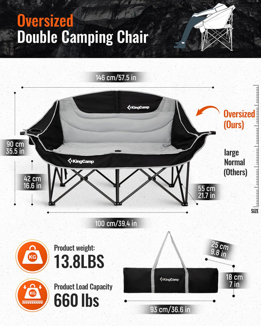 KingCamp Oversize Double Camping Loveseat – Heavy-Duty Outdoor Chair with Cup Holders, Supports 660 lbs